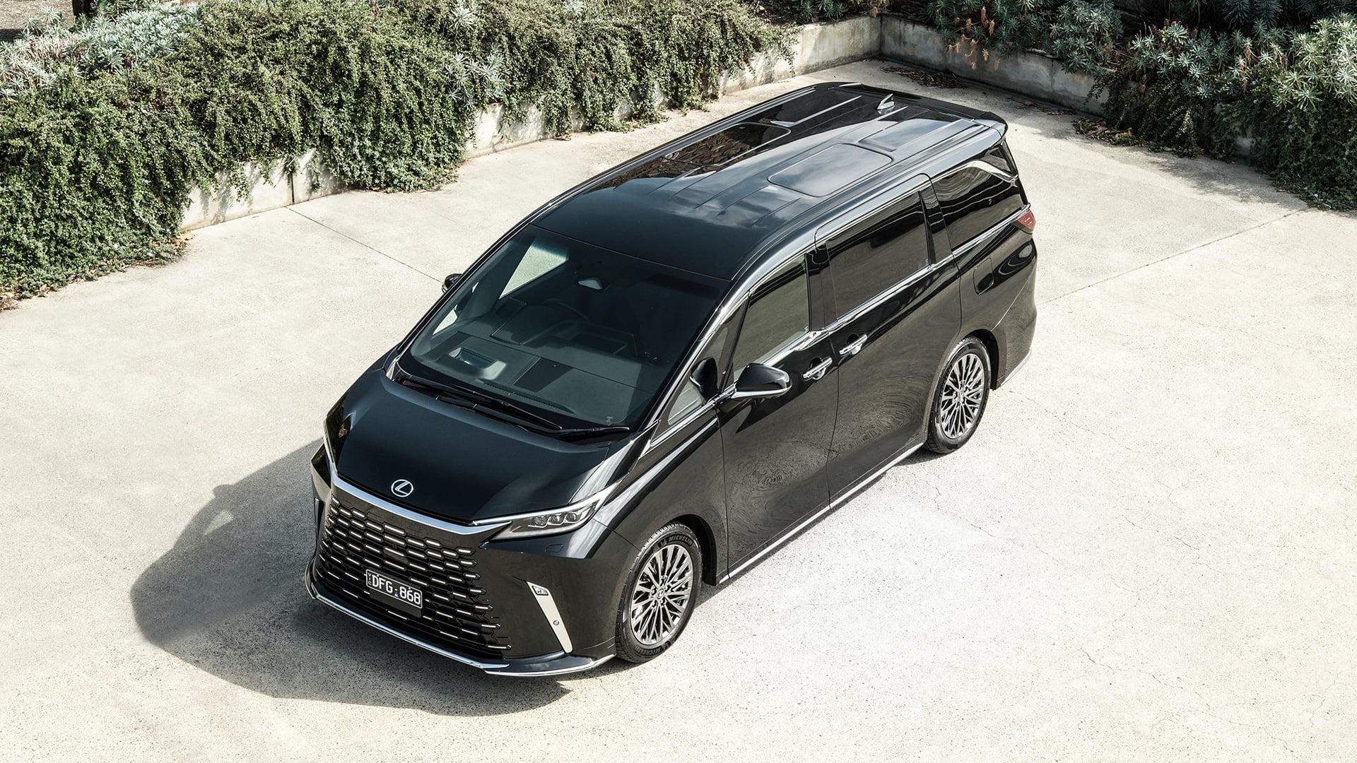 Aerial shot of the Lexus LM mover in black